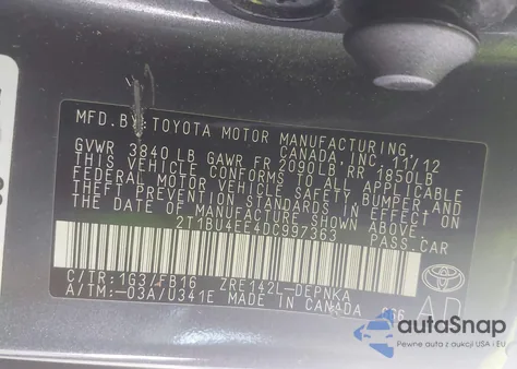 2013 Toyota Corolla Le from USA, damaged, VIN 2T1BU4EE4DC997363